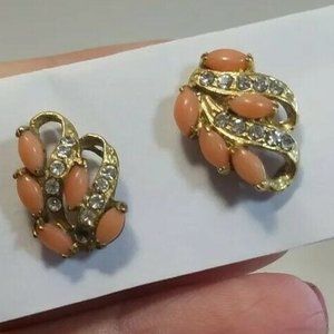 Vintage Pink Coral and Rhinestones post earrings